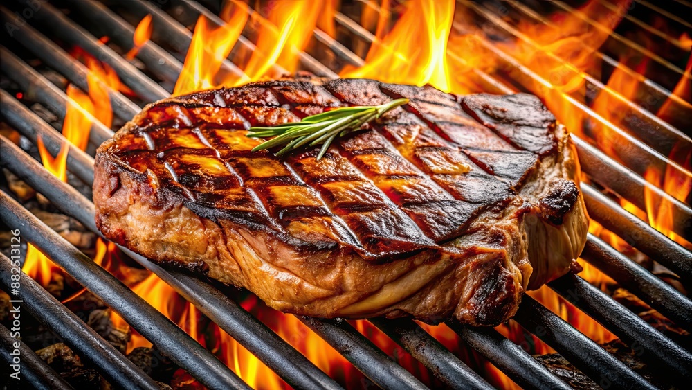 Poster Grilled steak with a charred, caramelized exterior on a grill grate, steak, grilled, charred, caramelized, barbecue, cooking, grilling