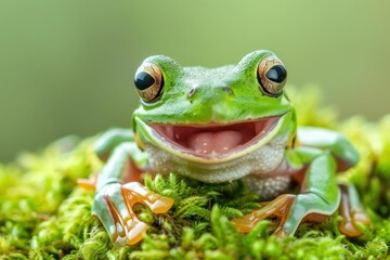 Frog with mouth open and eyes wide open on green mossy surface in nature wildlife environment