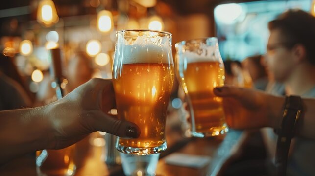 Group of friends enjoying beer at a bar restaurant, sharing laughter and drinks during a happy hour. Close-up view of beer glasses, emphasizing social connections and leisure in a lively atmosphere.