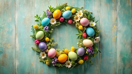 Obraz premium Springtime wreath decorated with colorful eggs and flowers, Easter, decoration, holiday, festive, tradition, flora