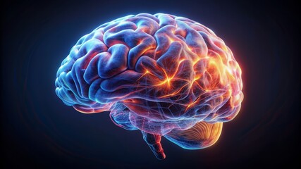 A brain with a red and blue glow