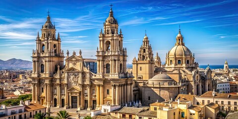 Fototapeta premium Skyline of Murcia's stunning Baroque cathedrals against a clear blue sky, Murcia, Spain, architecture, baroque