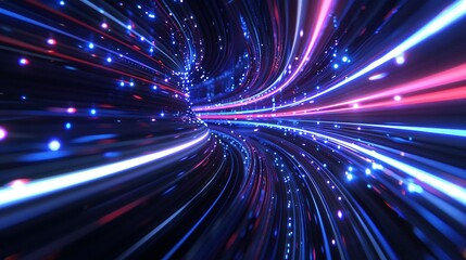 3D Hyperspace Warp: Blue and Purple Light Lines on Dark Background