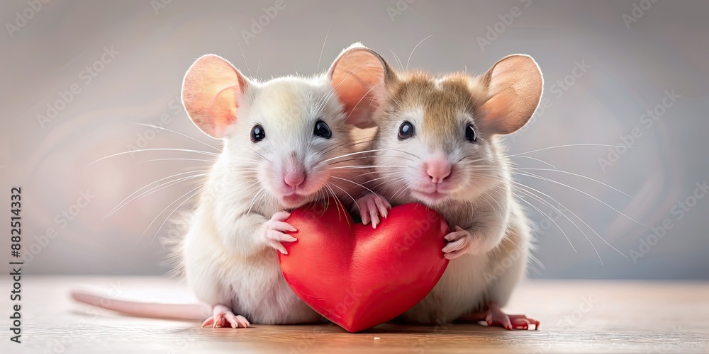 Wall mural two adorable mice cuddling and holding a heart, perfect for valentine's day , mice, love, romance, c