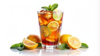 A glass of tea with a slice of lime and lemon on the side