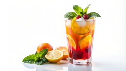 A glass of tea with a slice of lime and lemon on the side