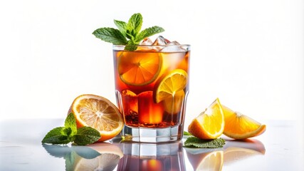 Fototapeta premium A glass of tea with a slice of lime and lemon on the side