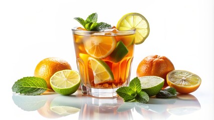 Fototapeta premium A glass of tea with a slice of lime and lemon on the side