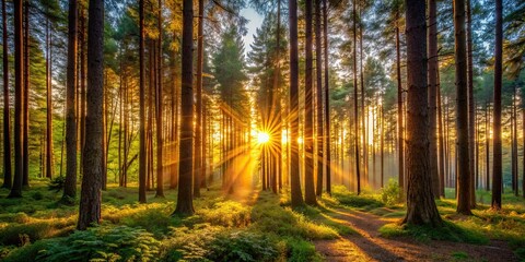 Obraz premium Sunset casting a warm glow on the dense forest, morning light peeking through the canopy , Sunset, forest, tree, sun
