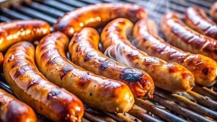 Fototapeta premium A row of hot dogs are cooking on a grill