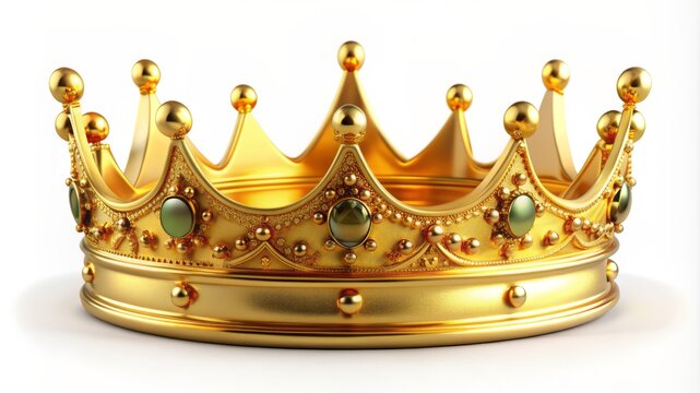 A golden crown with green stones and gold beads