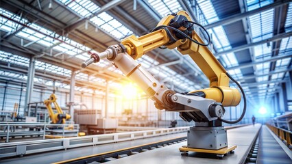 Smart industry robot arms for digital factory production technology showing automation manufacturing process of the Industry 4.0 or 4th industrial revolution and IOT software to control operation.