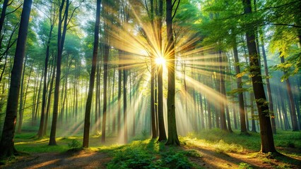 Fototapeta premium Sun rays streaming through dense trees in a peaceful forest, Sunlight, Trees, Nature, Forest, Woods, Scenic, Serene, Calm
