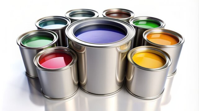 A row of paint cans with different colors