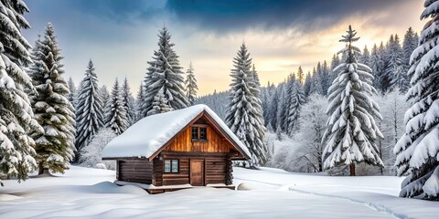Snow-covered landscape with a cozy cabin in the woods, winter, cold, snow, cabin, trees, forest, peaceful, serene, tranquil