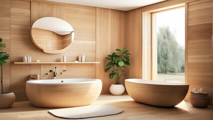 Fototapeta premium Modern wooden bathroom interior with plants