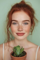 Close-up of a happy young woman with red hair and freckles holding a small potted succulent plant while standing in front of a green background