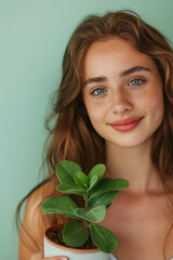 Smiling woman with long brown hair holds a potted plant, showcasing a fresh, healthy lifestyle. The green background complements her natural beauty, conveying growth and wellbeing