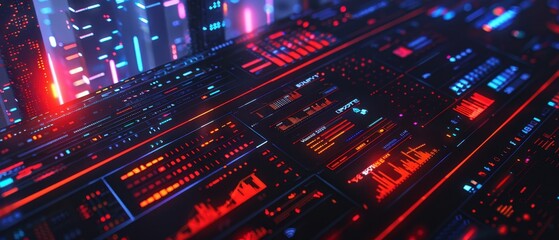 Futuristic digital dashboard with colorful neon lights and data visualizations, representing modern technology and data analysis.