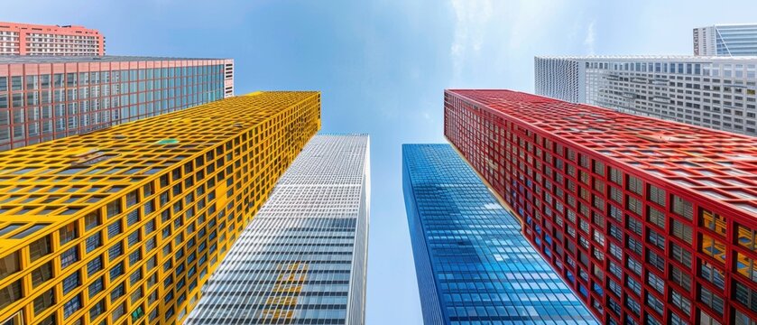 Colorful modern skyscrapers in urban city center reaching towards a clear blue sky. Vibrant architecture and innovative building design.