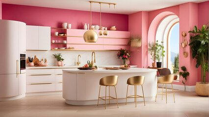 Modern pink kitchen interior with arch design