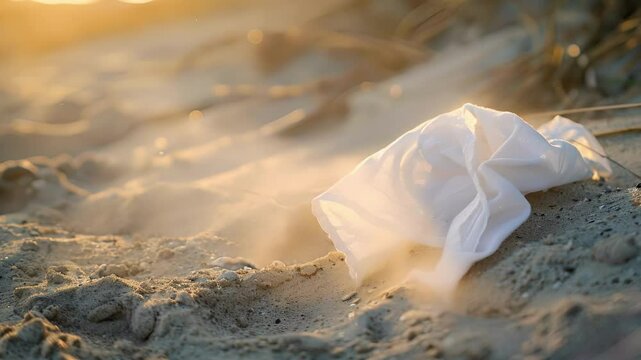 A solitary handkerchief caught on the edge of the sandbox as if left behind by a forgetful child.