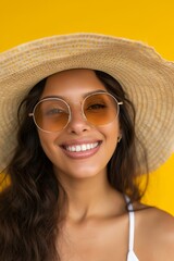 Fototapeta premium Young woman in a straw hat and sunglasses smiles happily in the sun. She exudes summer joy against a yellow backdrop, embodying trendy glamour