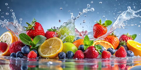 Vibrant fruits splashing in water creating a refreshing and colorful display, fresh, tropical, splash, vibrant, colorful