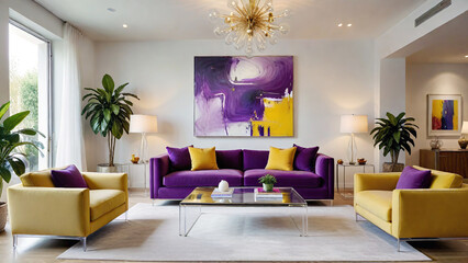 Interior of modern living room with purple sofa and yellow armchair