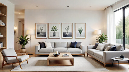 Interior of modern living room with sofa, coffee table and plants