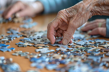Multiethnic seniors enjoy teamwork and collaboration as they work on a puzzle together. The image represents leisure, friendship, and success.