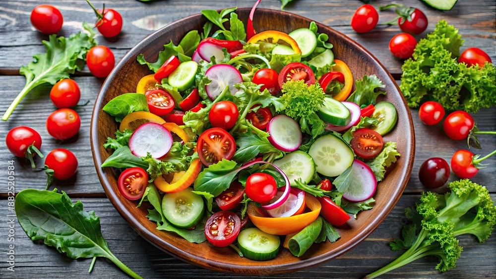 Poster Vibrant wild herb salad with Lupino, cucumber, cherry tomatoes, red bell peppers, and radishes, salad, wild herbs