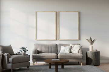 Home interior with poster mockup, Scandinavian modern style, 3d render