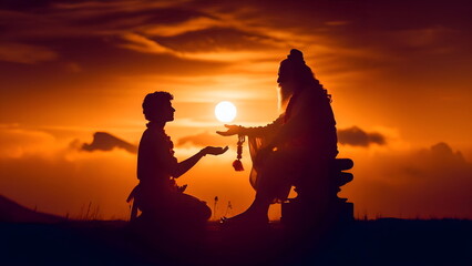 a silhouette of Guru Purnima blessing a disciple during sunset