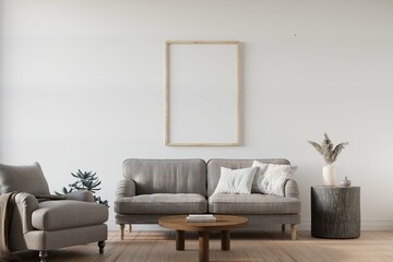 Home interior with poster mockup, Scandinavian modern style, 3d render