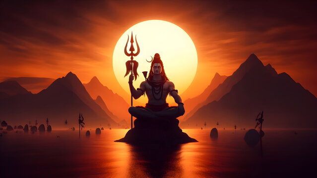 a silhouette of lord shiva with a spear sitting during sunset