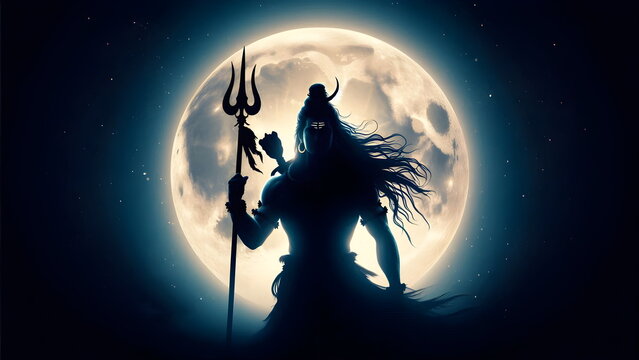 a silhouette of lord shiva with a spear standing in front of a full moon