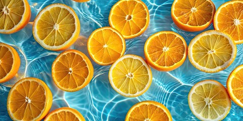 Obraz premium Fresh orange slices floating in clear water, orange, fruit, water, refreshing, healthy, vitamin C, citrus, slices, submerged,tropical