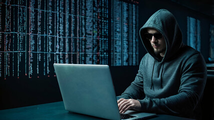 Hoodie hacker cyber security using laptop. Technology concept.