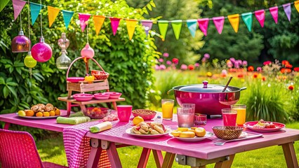 Vibrant and trendy pink BBQ set-up with colorful decorations and stylish tableware, BBQ, Affair, Pink, Trendy, Tastes