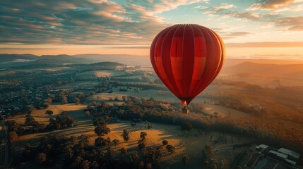 Obraz premium Person experiencing hot air ballooning over picturesque landscapes, illustrating unique travel adventures