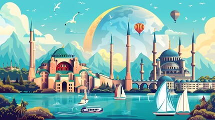 Colorful illustration of sailboats on a river with a cityscape of mosques and hot air balloons in the background