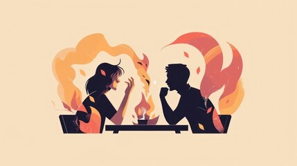 Romantic evening by the fire couple relaxing at table with flames, cozy atmosphere, travel and beauty theme