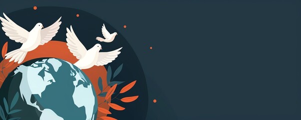 World peace, doves flying over globe, flat design illustration