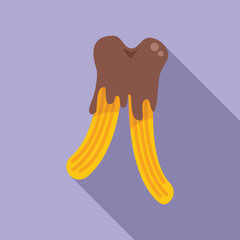 Two churros dipped in chocolate sauce are standing up on a purple background
