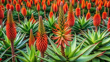 Fototapeta premium Vibrant pattern of blooming aloe vera plants with delicate flowers and spiky leaves , aloe vera, plants, bloom, vibrant