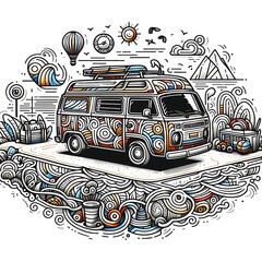 Line art 2d illustration of camper van parking near the beach 