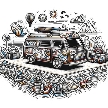 recommend clip art: Line art 2d illustration of camper van parking near the beach 