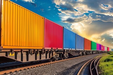 Obraz premium Freight Train with Colorful Shipping Containers Under a Dramatic Sky