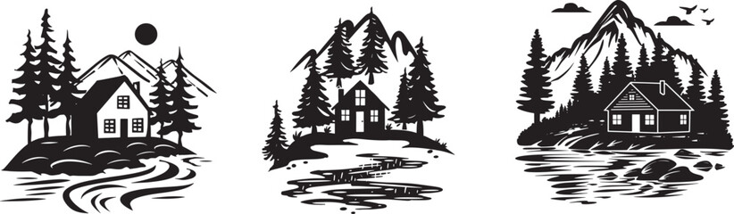 Obraz premium forest cabin silhouette vector illustration set 